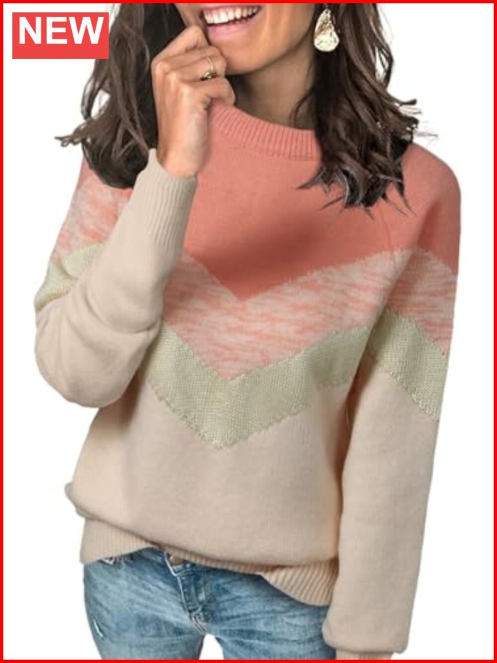 Women's Color Block Long Sleeve Pullover Sweater Crew Neck Knit Fall Top